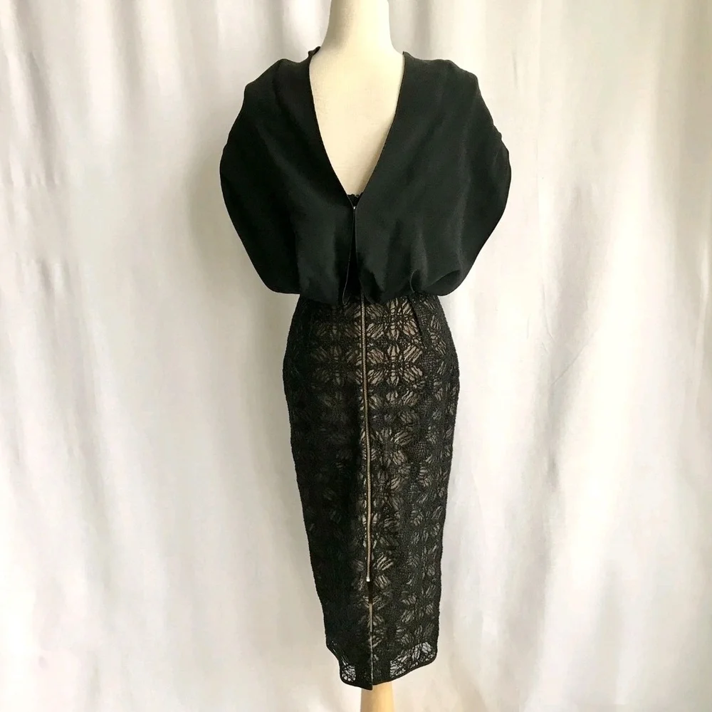 R'13 ICONIC ROLAND MOURET AVALON black/beige cotton blend/lace draped dress 4 - Picture 10 of 13